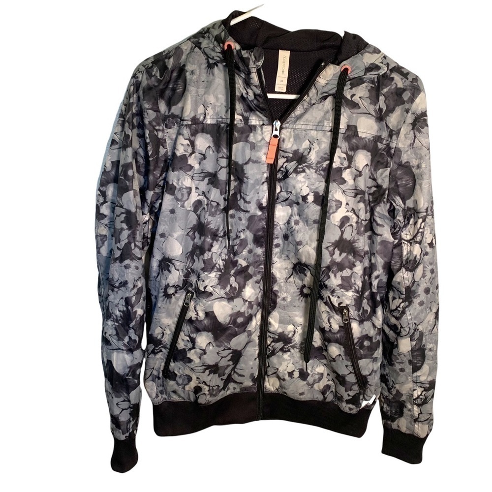 Ideology Women's Full Zip Athletic Jacket‎ Windbreaker Black Gray Floral Mesh